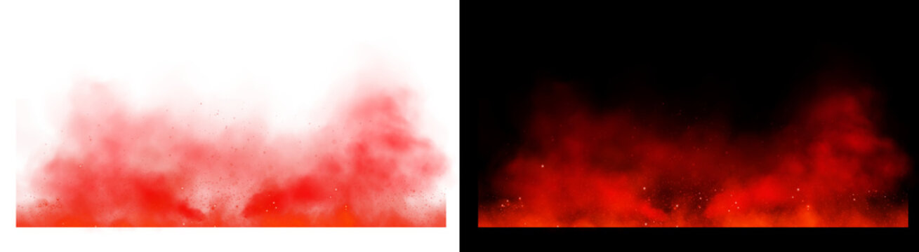 PNG image of&nbsp;Vibrant red smoke effect with glowing particles rising from the bottom, creating a dramatic, fiery atmosphere on transparent background.