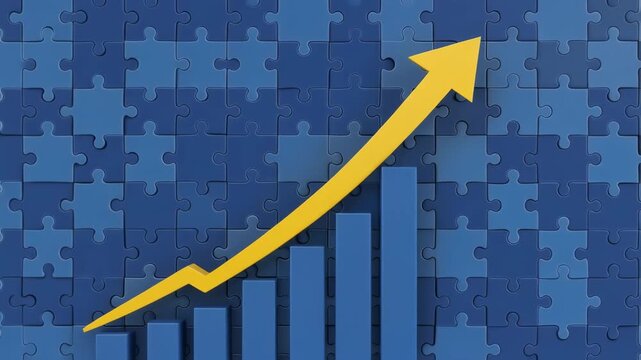 Business growth concept with rising yellow arrow on blue puzzle background financial success and progress