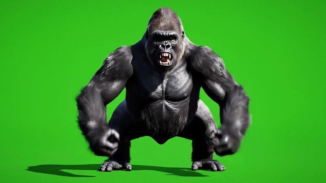 Intense angry gorilla displaying aggression and roaring on a green screen background, powerful primate showing dominance