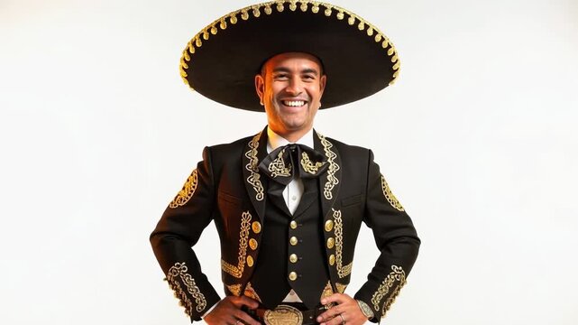Smiling man in traditional Mexican charro suit with sombrero on white background