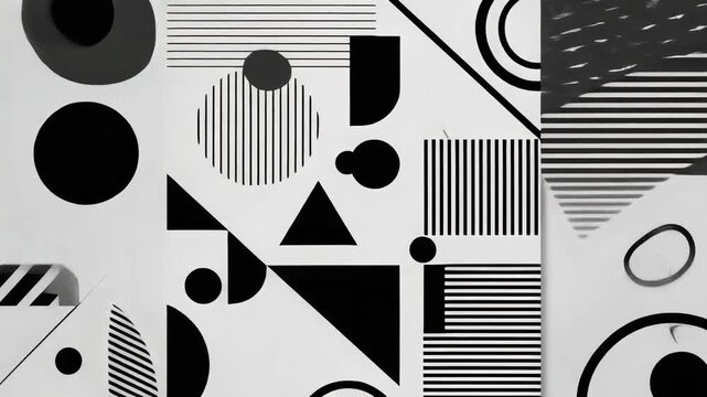 Abstract black and white geometric pattern with bold stripes circles and shapes modern design