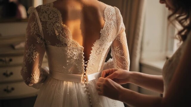 Bride getting ready in elegant lace wedding dress with delicate button details in warm natural light