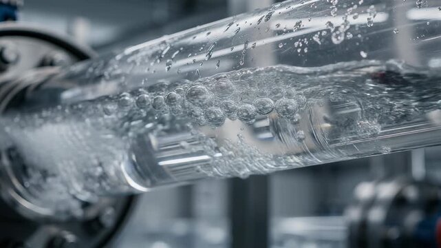 Close up of clear water bubbles flowing through transparent industrial pipe in modern facility