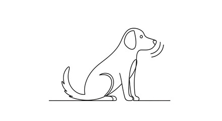 Fototapeta premium A simple black and white line drawing of a dog sitting and barking, with sound waves indicated around its mouth.