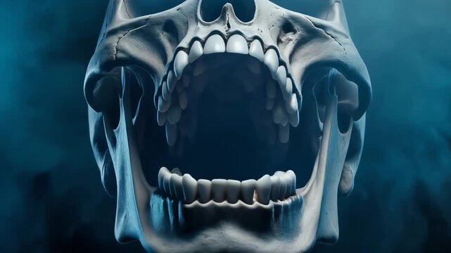 Close up of an open human skull with detailed teeth and jawbone in dark misty background
