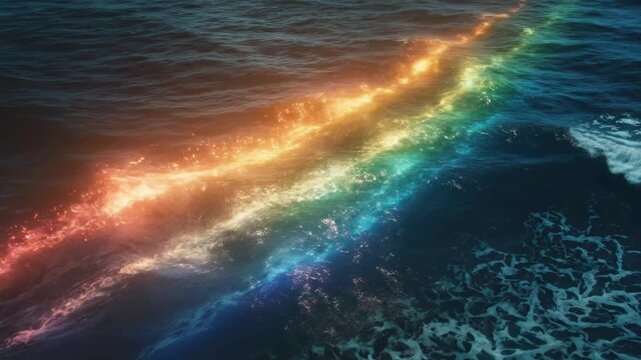 Magical Rainbow Light Streaking Across Ocean Waves at Dusk
