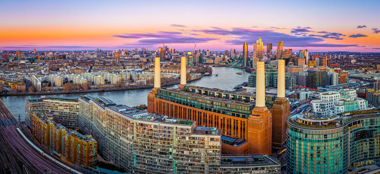 Aerial twilight panorama of Battersea Power Station redevelopment, London UK