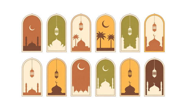 Islamic Eid Mubarak greeting design featuring boho arch Arabian mosque towers crescent moon and night landscape minimal vector illustration set
