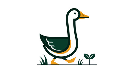 Obraz premium Stylized illustration of a walking goose and plant on white background