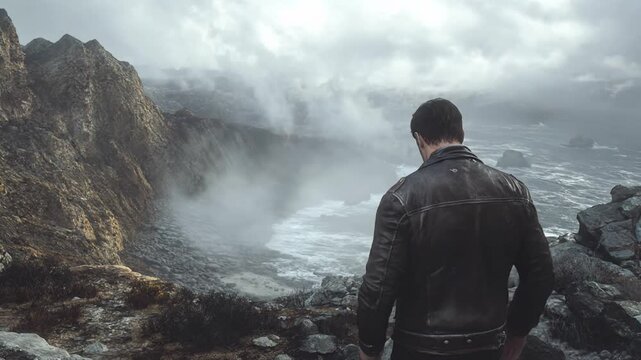 Man in leather jacket contemplates stormy ocean and rocky cliffs