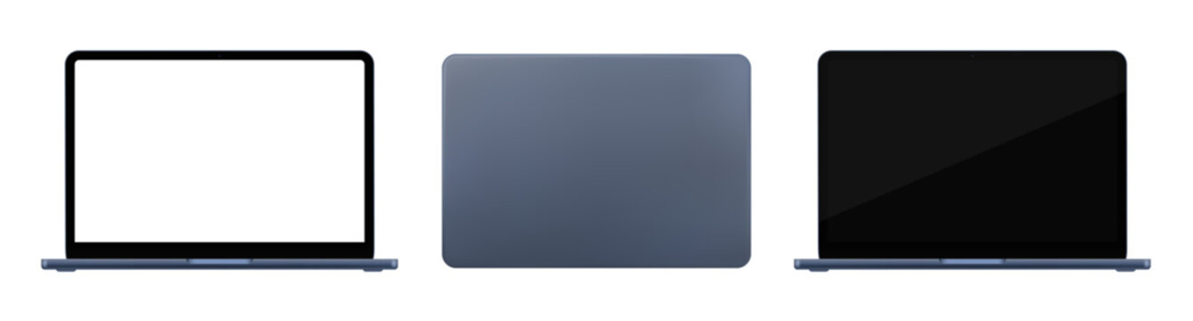 Detailed blue grey notebook PC mockup. Front and rear view isolated on transparent background. Vector PNG