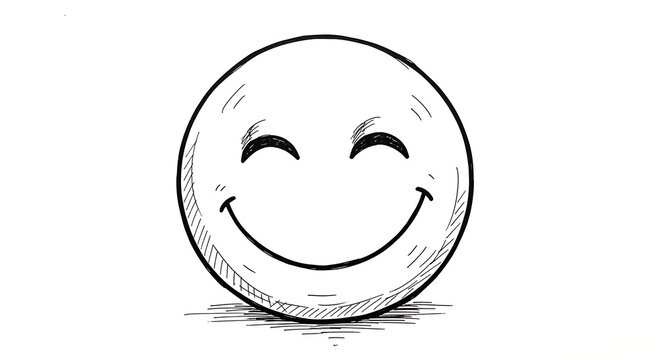 A hand-drawn sketch of a smiling emoji with closed eyes, rendered in black and white with hatching for shading.