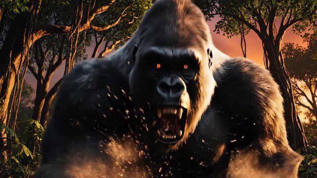 An imposing angry gorilla with glowing eyes roars aggressively in a lush jungle at sunset with dramatic sky