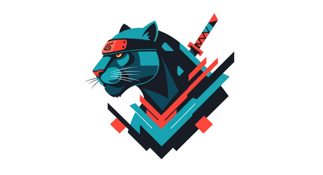 Stylized panther with headband and sword vector illustration