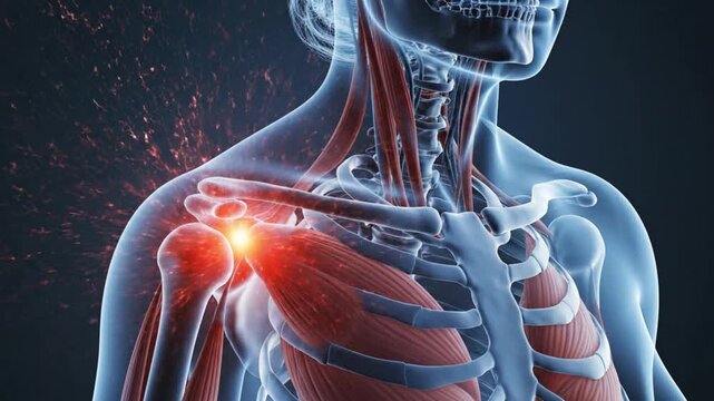 Anatomical human figure with glowing red shoulder injury on skeletal muscles