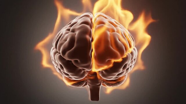 A burning brain engulfed in flames represents intense mental struggle.