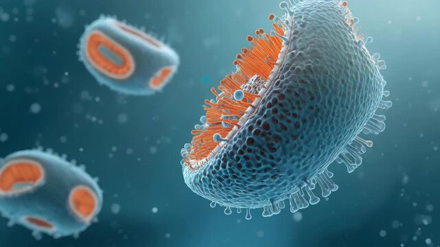 半割のミトコンドリアで内部構造を明快に示し、研究資料向けに整理