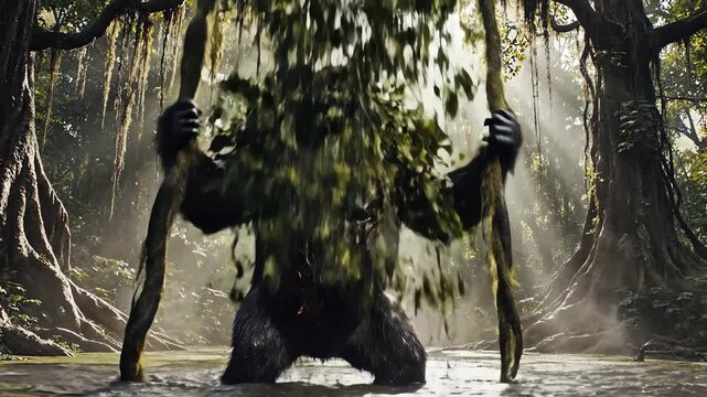 Furious giant gorilla roaring and smashing through jungle foliage in a swampy river, displaying raw power and aggression