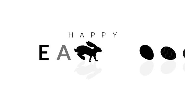 4K silhouette animation of a bunny running and chasing rolling Easter eggs on white background, smoothly revealing Happy Easter text in a loop, perfect for clean and playful holiday greetings.