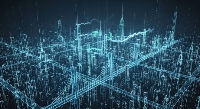 Futuristic digital cityscape rendered in glowing blue wireframe lines, depicting a high-tech urban network with abstract data flows.