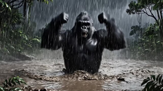 Powerful angry gorilla roars and flexes muscles in muddy water during a heavy tropical rainstorm with lightning