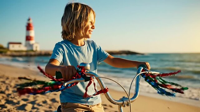 A cheerful boy enjoys his exciting kids summer adventure riding a bicycle on the beach, his vibrant handlebar tassel blur creating a dynamic sense of motion.