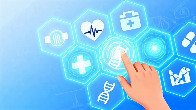 Hand interacting with medical icons on digital screen