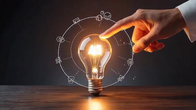 男性が金融向けAI電球に触れ、銀行やグラフの記号が環状に連なる構図