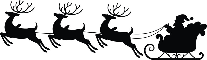 Santa sleigh with reindeer silhouette, Christmas Santa Claus flying sleigh vector, holiday winter reindeer team festive illustration © PROTAP