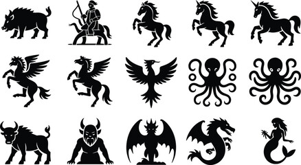 Mythical creatures silhouette set, fantasy animals and legendary monsters vector collection, dragon, unicorn, phoenix, pegasus, octopus illustration © PROTAP