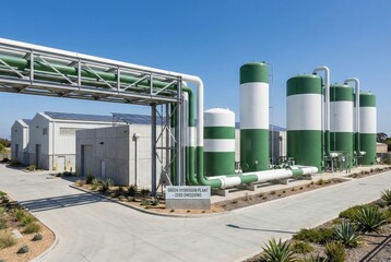 Obraz premium Green hydrogen production plant with white and green storage tanks and solar panels