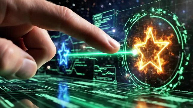 A futuristic interface with a hand interacting, featuring neon lights and digital elements