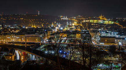 Fototapeta premium Night skyline of Prague with illuminated Old Town and Prague Castle, Czechia