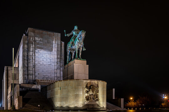 Equestrian statue at National Monument on Vitkov Hill, Prague Czech Republic night