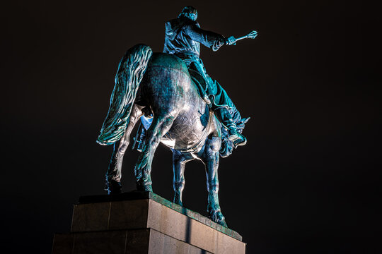 Equestrian statue at National Monument on Vitkov Hill, Prague Czech Republic night