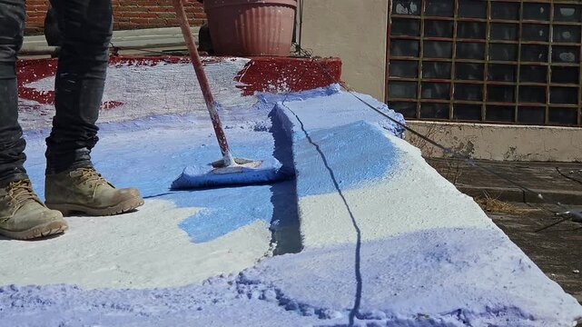 Construction worker applies blue waterproof coating to a flat roof