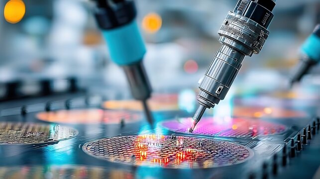 Close-up of AI robot cutting wafer with precision tools, colorful light effects