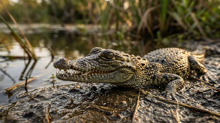 Obraz premium Young Crocodile Resting on Muddy Bank in Wetlands, Observing its Natural Environment