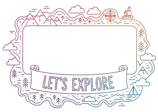 Gradient line art adventure frame depicting mountains, sea, compass, and 'Let's Explore' banner