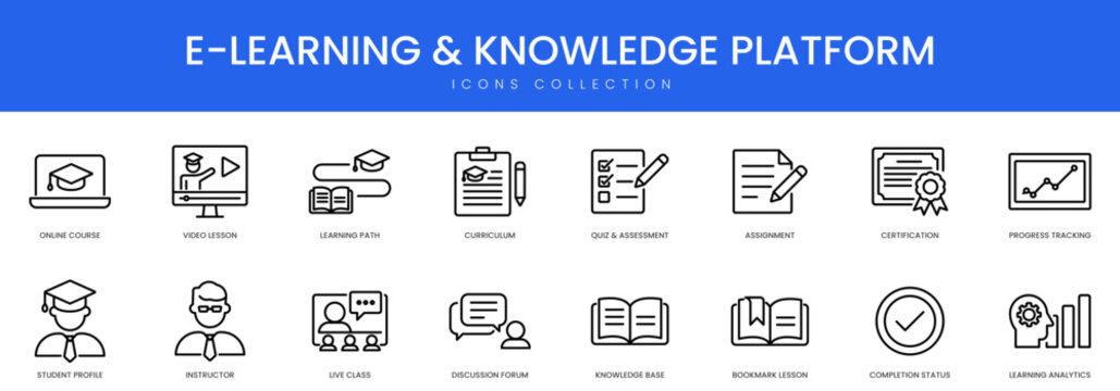 A comprehensive collection of outline icons for online education, student profiles, video lessons, and curriculum management