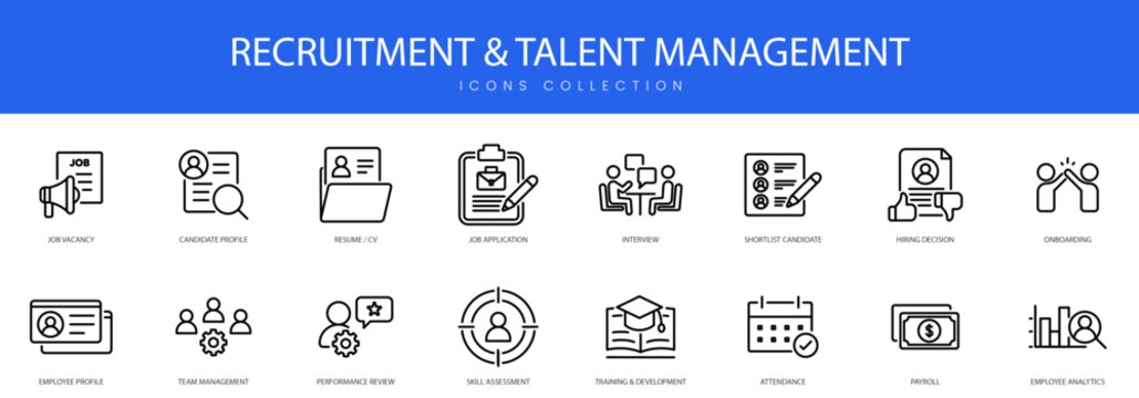 Modern line icons for human resources, job applications, candidate interviews, and employee performance reviews