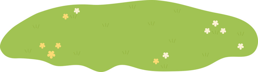 Fototapeta premium Green grass patch with tiny flowers vector illustration, flat design meadow ground element isolated on white background