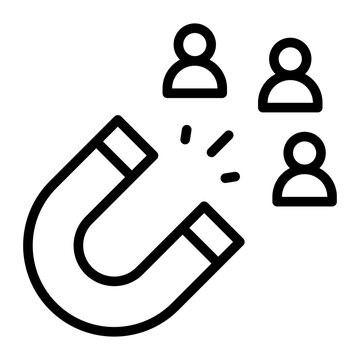 A linear icon showing a magnet attracting people symbols representing the process of lead generation