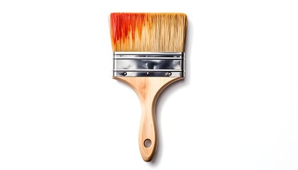 A close-up, top-down view of a paint brush with red paint on the bristles. The wooden handle is visible with a hole for hanging