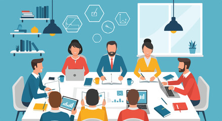 A diverse group of professionals collaborates around a conference table, using digital devices and notebooks, with business icons floating in the background. © Ohim