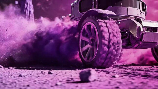 A rugged off-road vehicle kicks up purple dust on a dirt track