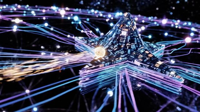 A futuristic digital illustration of glowing lines and nodes on a dark background