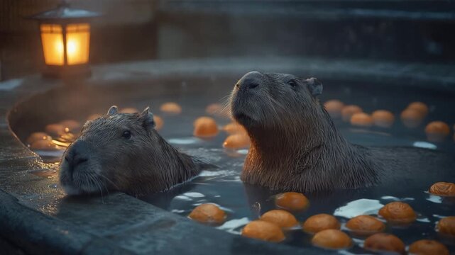 雪の夕暮れにカピバラが露天の柚子湯で体を温める静かな夜景