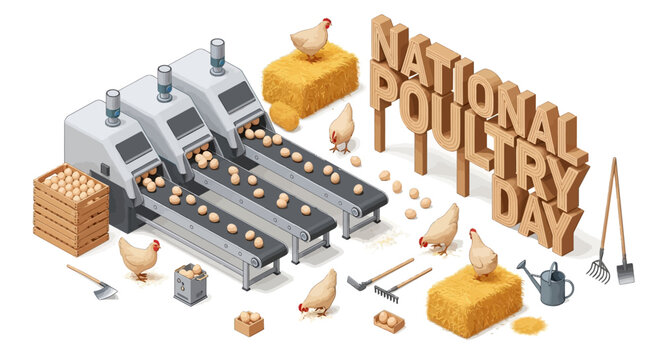 Isometric illustration of a poultry farm production line with chickens, eggs, and farming tools, celebrating National Poultry Day with a rustic and industrial composition.