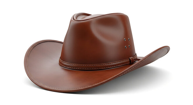 A close-up studio shot of a classic brown leather cowboy hat with a textured band, isolated on a white background.